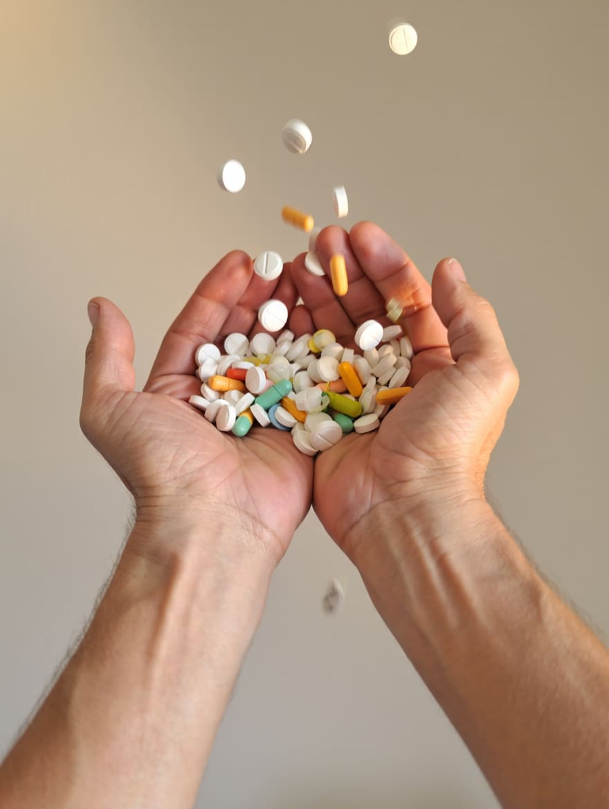 Рост толерантности Крупный план рук с переполненными таблетками